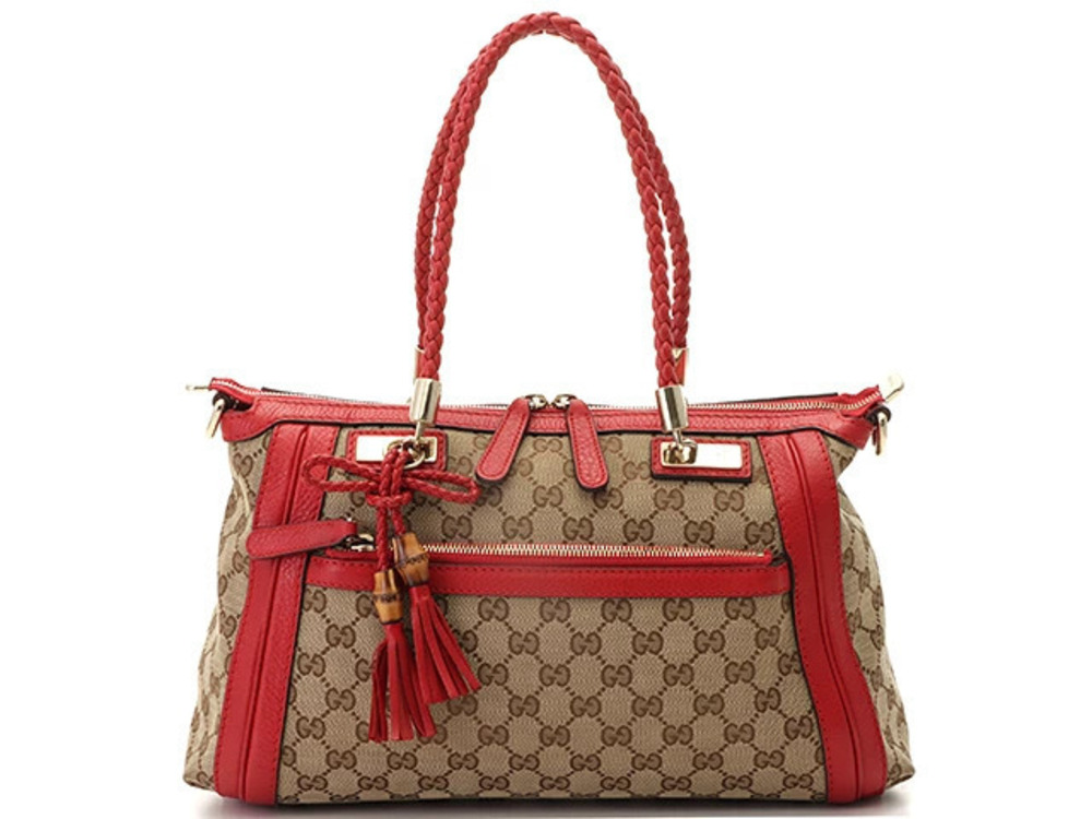 Gucci GG Bella Shoulder Bag Beige Cream Red Canvas Leather Interior
